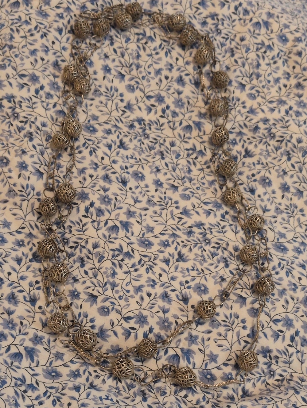 Sterling Silver Filigree Bead Long Necklace 34" - Silver